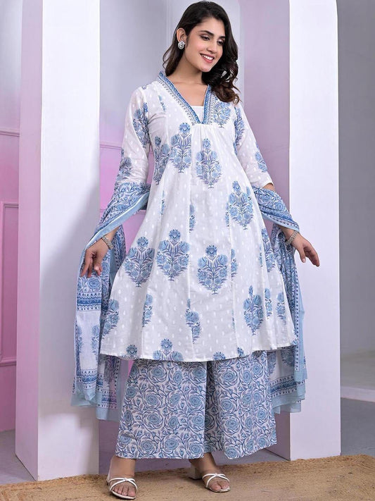 Dhiyona KL Women Floral Printed Regular Pure Cotton Kurta with Palazzos & Dupatta