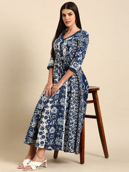 Dhiyona AY Women's Blue Floral Ethnic A-Line Cotton Maxi Ethnic Dress