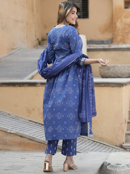 Dhiyona KL Notch Neck Bandhani Embroidered Regular Thread Work Pure Cotton Kurta Set