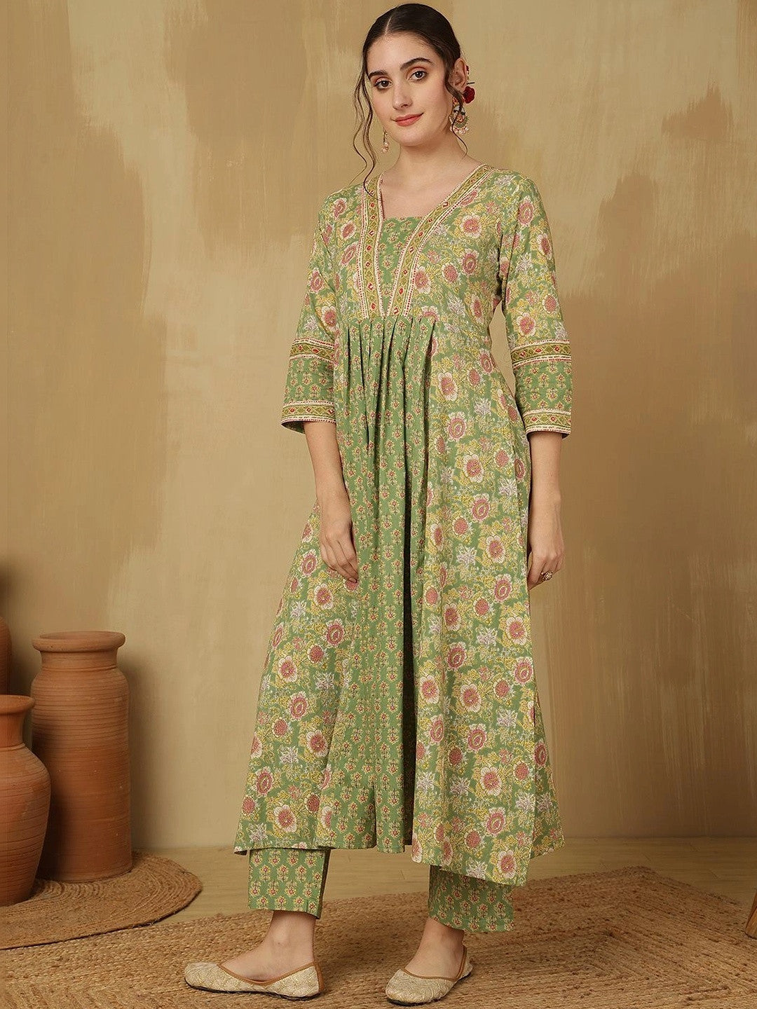 Women Floral Printed Empire Pure Cotton Kurta with Trousers & With Dupatta