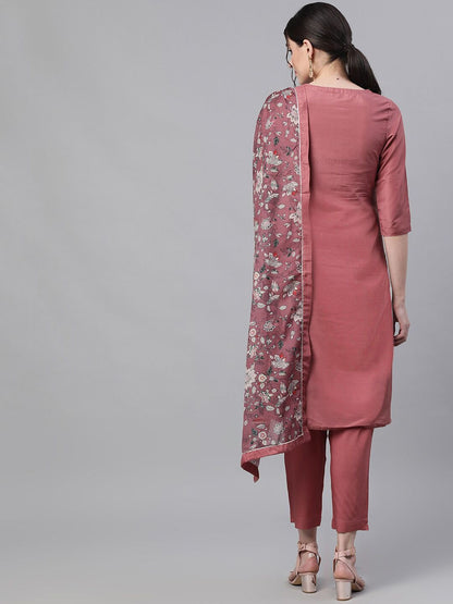Dhiyona IS Women's Women Mauve & White Yoke Design Kurta with Trousers & Dupatta