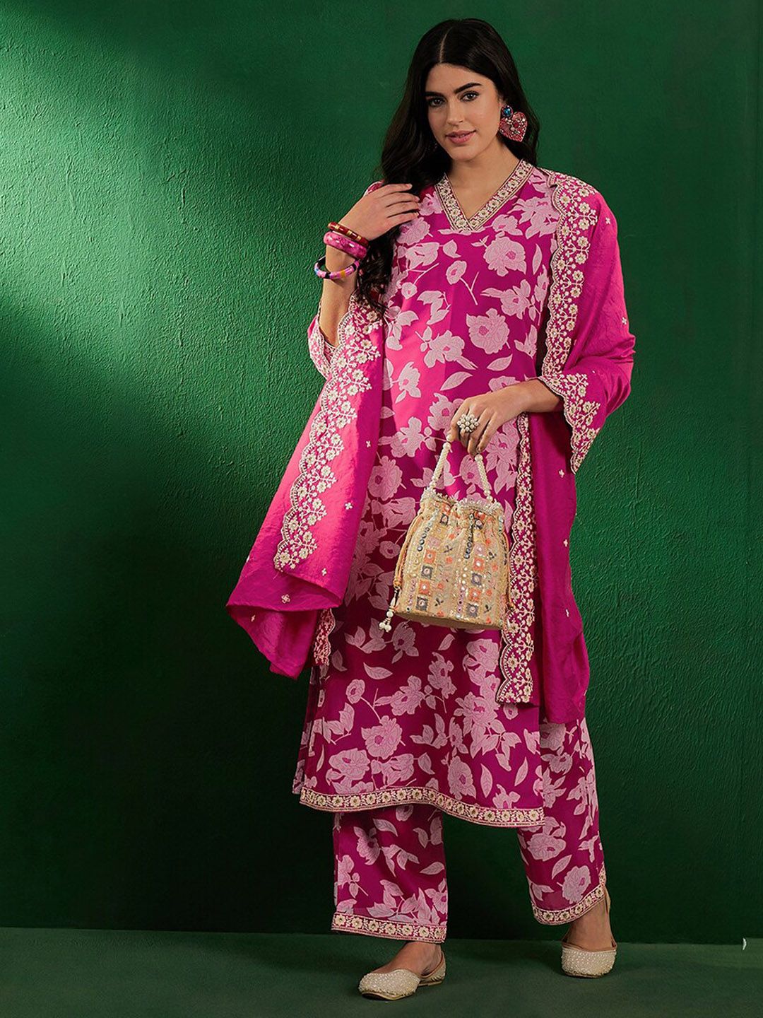 Dhiyona SN Floral Printed Beads & Stones Zari Straight Kurta With Palazzo & Dupatta