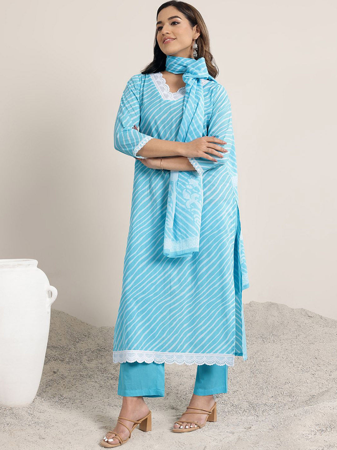 Blue Leheriya Printed V-Neck Thread Work Straight Kurta With Trousers & Dupatta