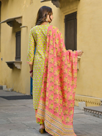 Dhiyona KL Floral Printed Straight Kurta with Trousers & Dupatta