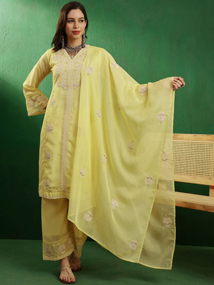 Dhiyona SN Yellow & White Embroidered Organza Panelled Straight Kurta With Palazzos & Dupatta
