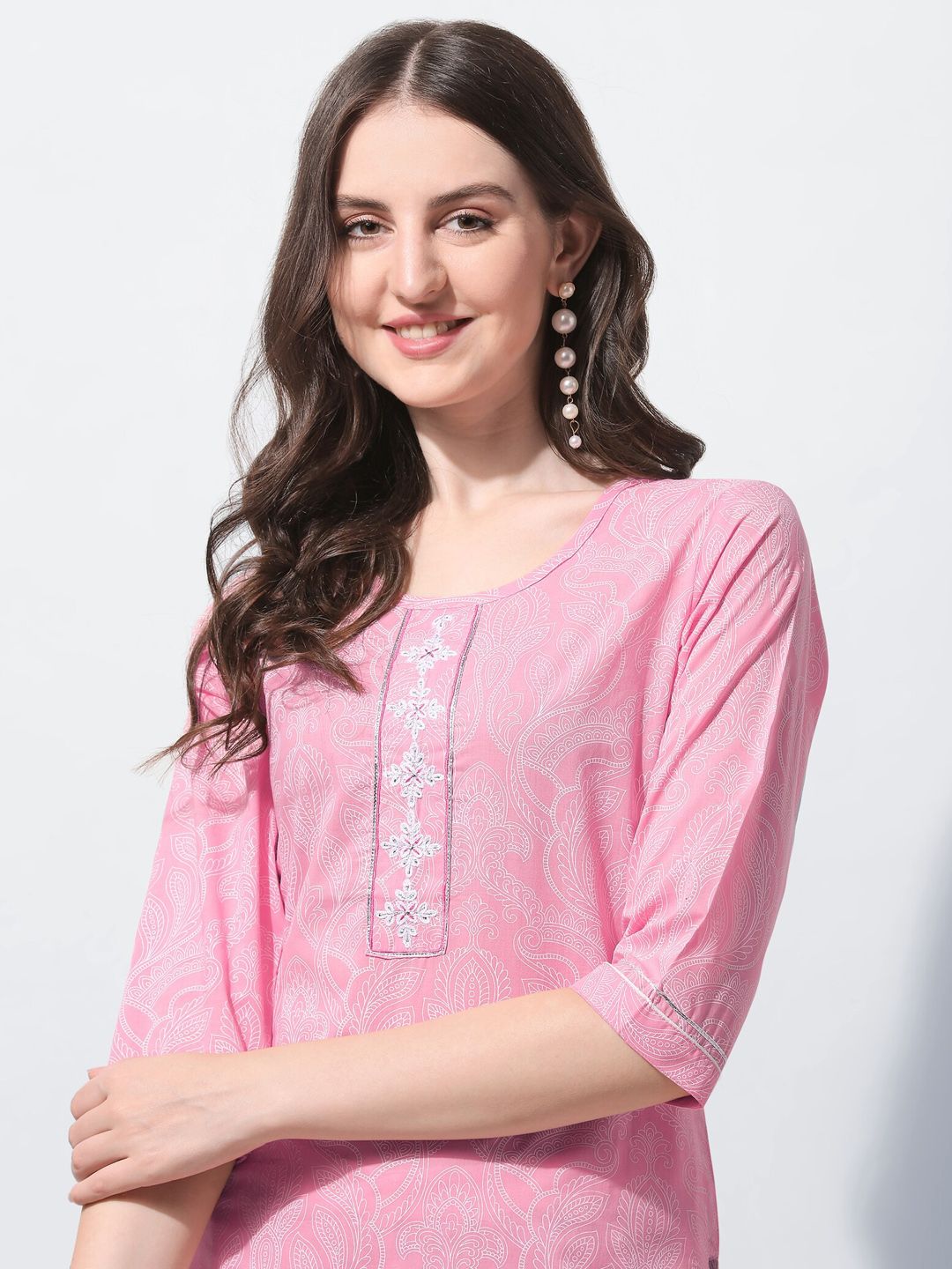 Dhiyona KL Women Plus Size Pink Printed Pure Cotton Kurta with Trousers & Dupatta