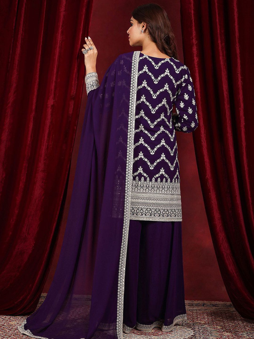Dhiyona LL Embroidered Mirror Work Round Neck Kurta With Palazzos & Dupatta