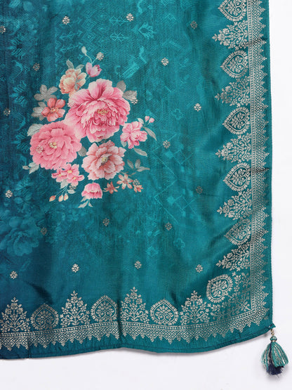 Women Green Floral Pure Silk Kurta with Trousers & With Dupatta