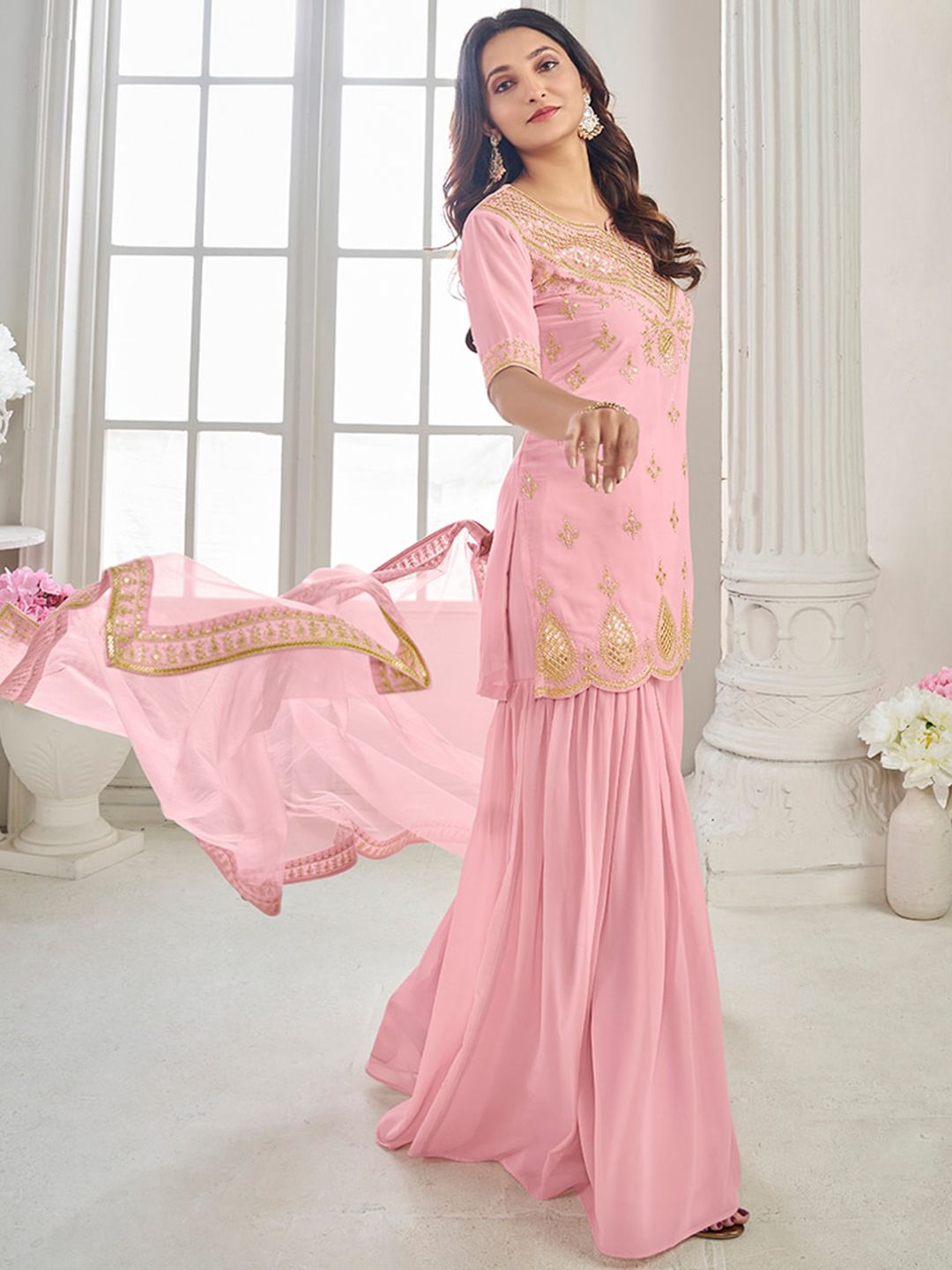 Dhiyona IN Ethnic Motifs Embroidered Regular Thread Work Kurti With Sharara & Dupatta