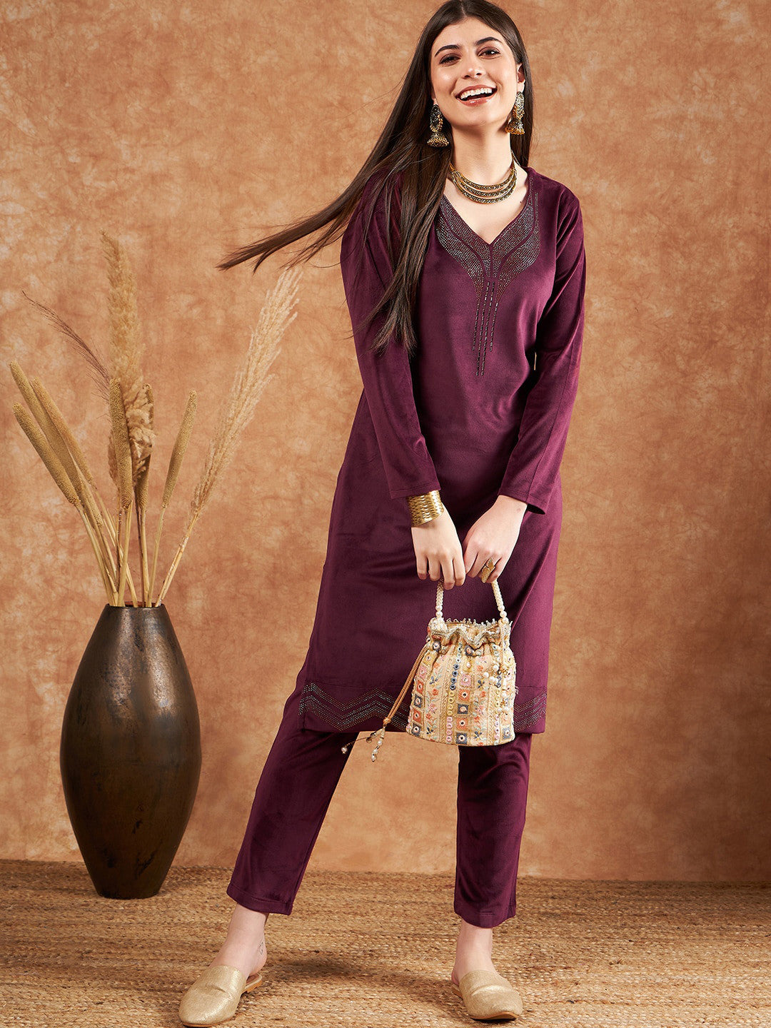 Beads and Stones Embellished Winter Velvet Straight Kurta & Trousers