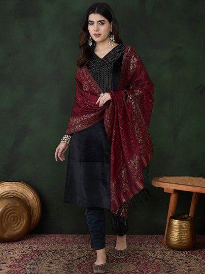 Black Geometric Yoke Design V-Neck Velvet Kurta With Trouser With Dupatta