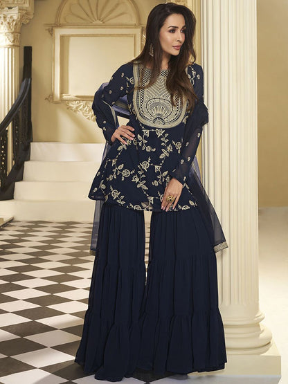 Dhiyona IN Women Floral Thread Embroidered A-Line Kurta with Sharara & with Dupatta