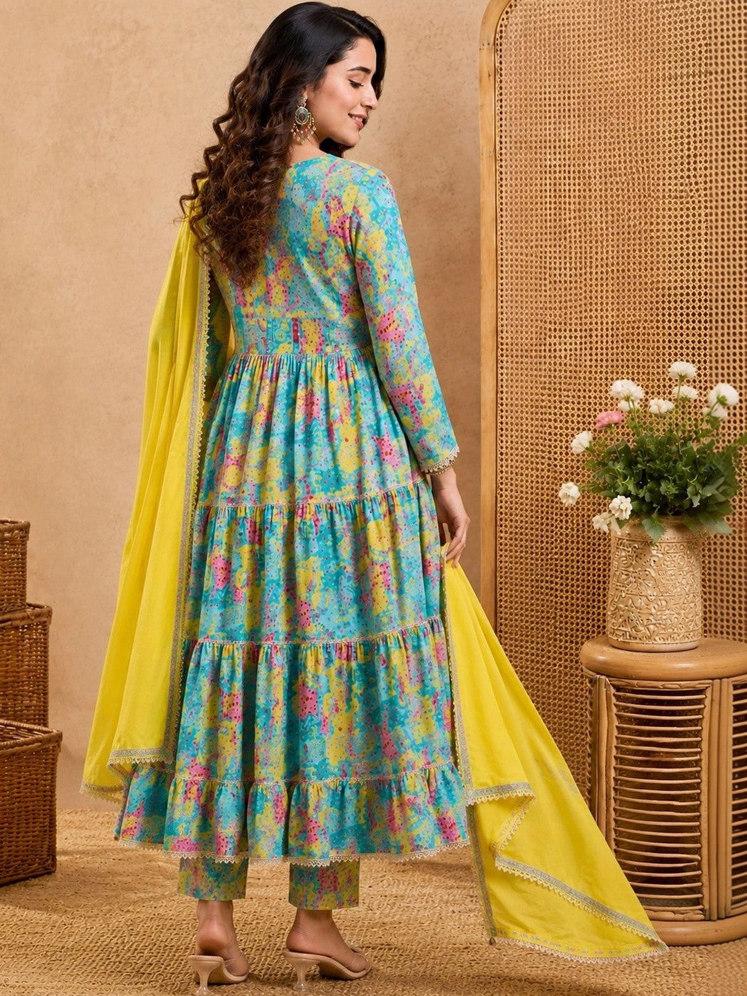 Printed Mirror Work Anarkali Kurta Set With Tasseled Dupatta
