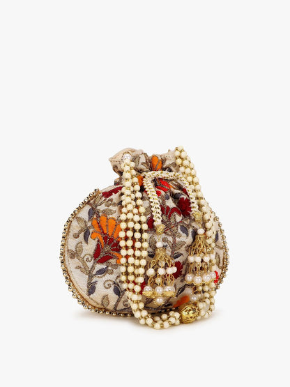 Dhiyona NR Girls Cream-Coloured & Red Floral Embroidered Tasselled Potli Clutch