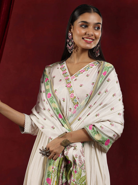 Womens Off White Printed Muslin Anarkali Kurta With Trousers & Dupatta