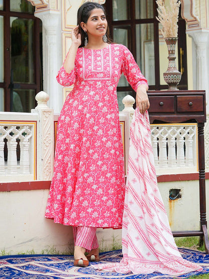 Dhiyona KL Floral Printed Pure Cotton Anarkali Kurta With Trouser And Dupatta