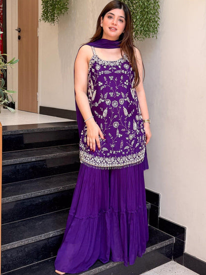 Women Ethnic Motifs Embroidered Regular Thread Work Kurta with Sharara & With Dupatta