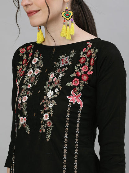 Dhiyona IS Women's Women Black & Off-White Embroidered Kurta with Trousers