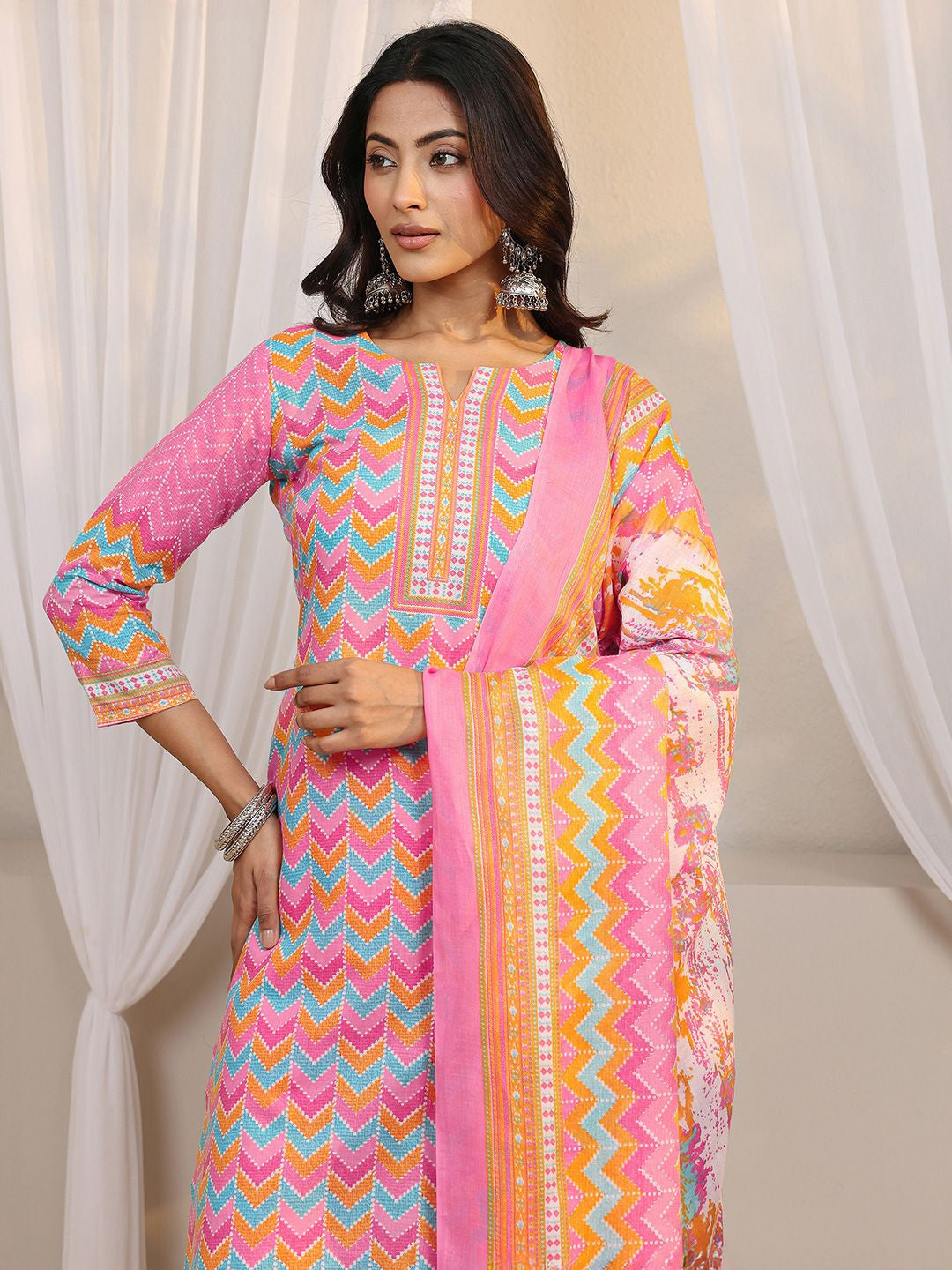 Libas Pink Chevron Printed Straight Suit Set with Dupatta