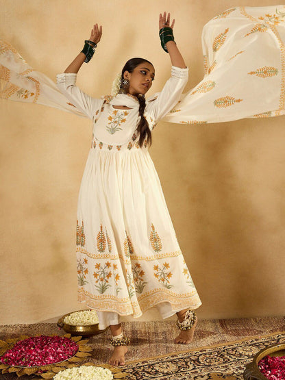 Dhiyona IE Floral Printed Empire Pure Cotton A-Line Kurta With Trousers & Dupatta