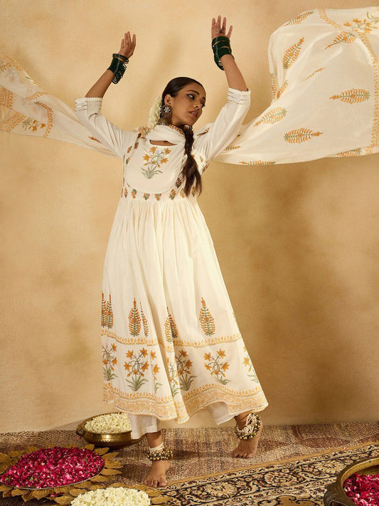 Dhiyona IE Floral Printed Empire Pure Cotton A-Line Kurta With Trousers & Dupatta