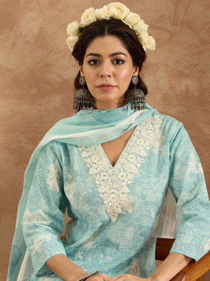 Women Floral Embroidered Pure Cotton Kurta with Trousers & Dupatta