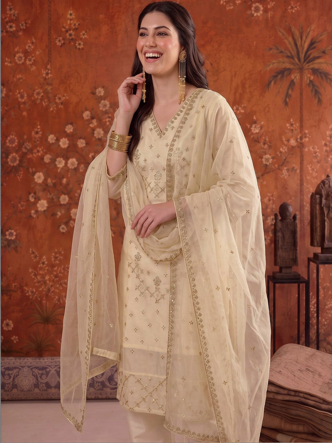 Embroidered V-Neck Kurta & Trousers With Dupatta