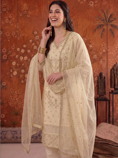 Embroidered V-Neck Kurta & Trousers With Dupatta