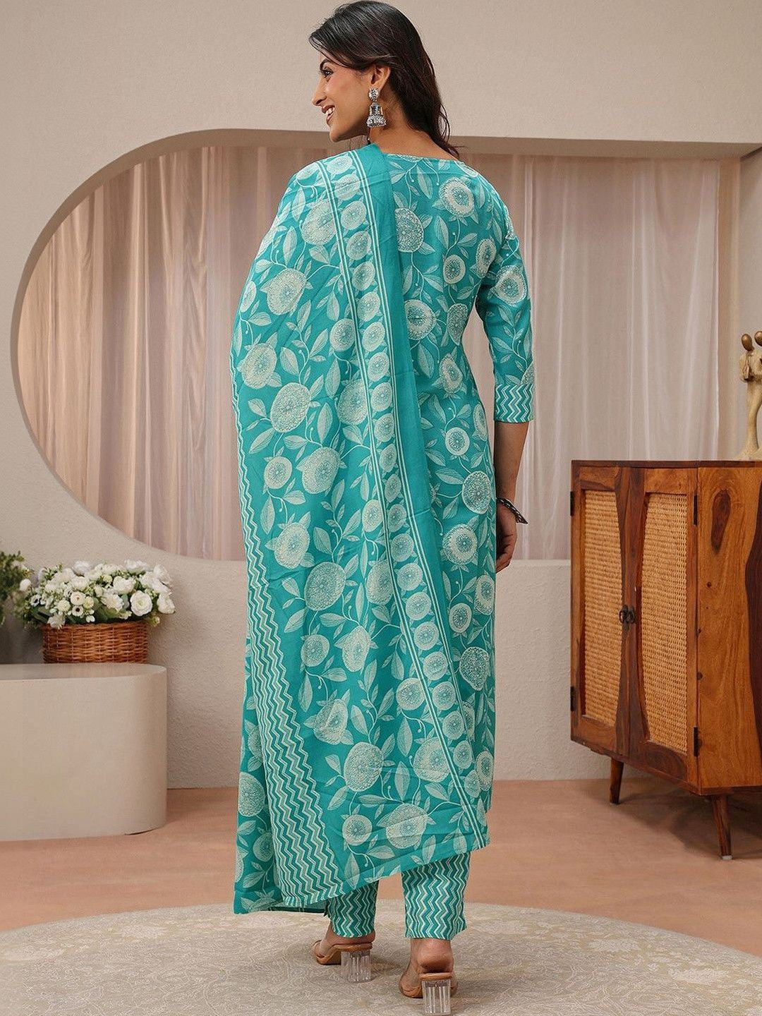 Libas Blue Floral Printed Straight Suit Set