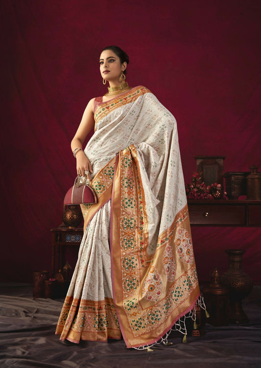 Women Paithani Bansi White Saree With Unstiched Blouse