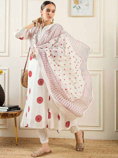 Dhiyona IE Geometric Printed Pure Cotton A-Line Kurta With Trousers & Dupatta