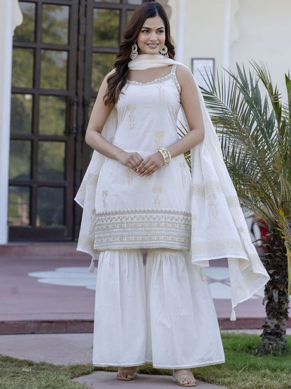 Dhiyona AN White Floral Printed Gotta Patti Pure Cotton Kurta With Sharara And Dupatta