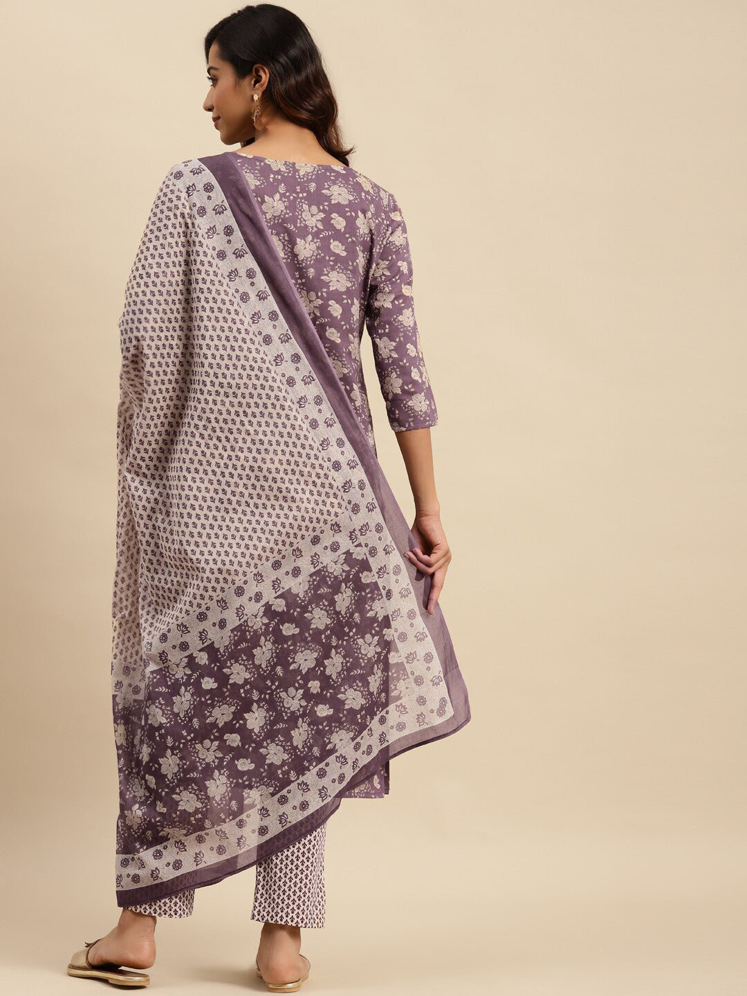 Maroon Floral Printed Pure Cotton Kurta With Trouser & Dupatta