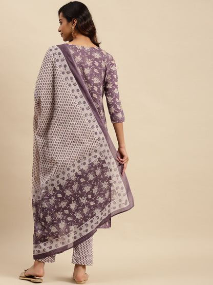 Maroon Floral Printed Pure Cotton Kurta With Trouser & Dupatta