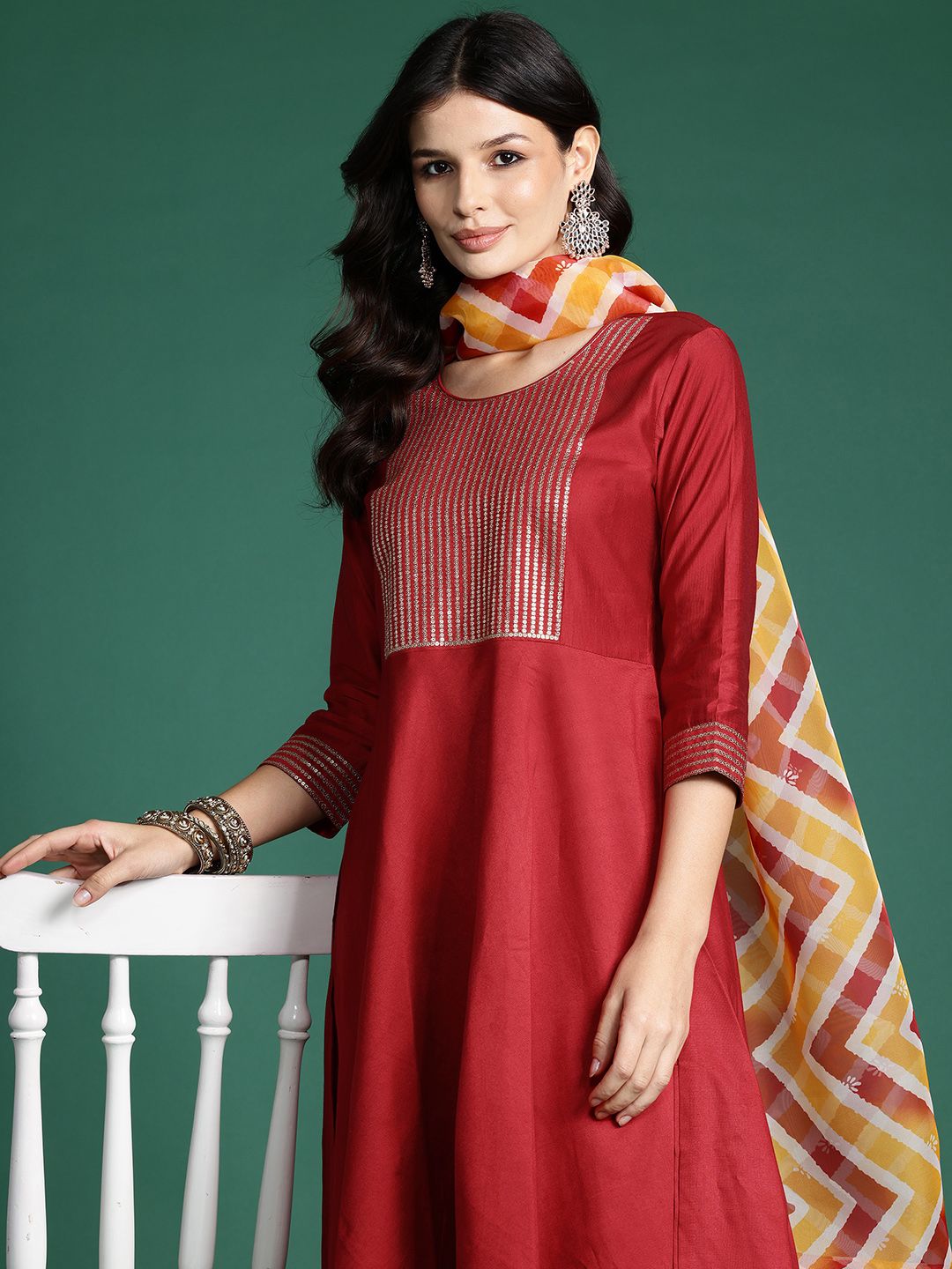 Dhiyona IE Empire Sequinned Liva Kurta with Trousers & With Dupatta