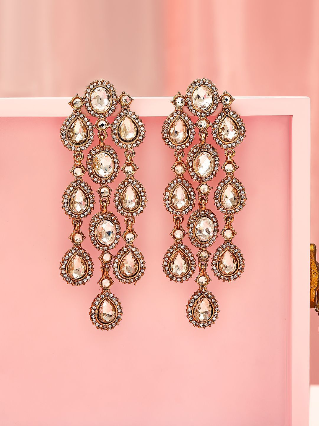 Dhiyona RJ Women's 22K Gold Plated White Cubic Zirconia Studded Cascading Chandelier Earrings