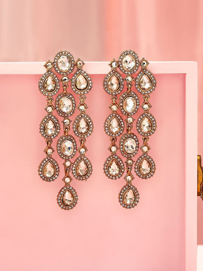 Dhiyona RJ Women's 22K Gold Plated White Cubic Zirconia Studded Cascading Chandelier Earrings