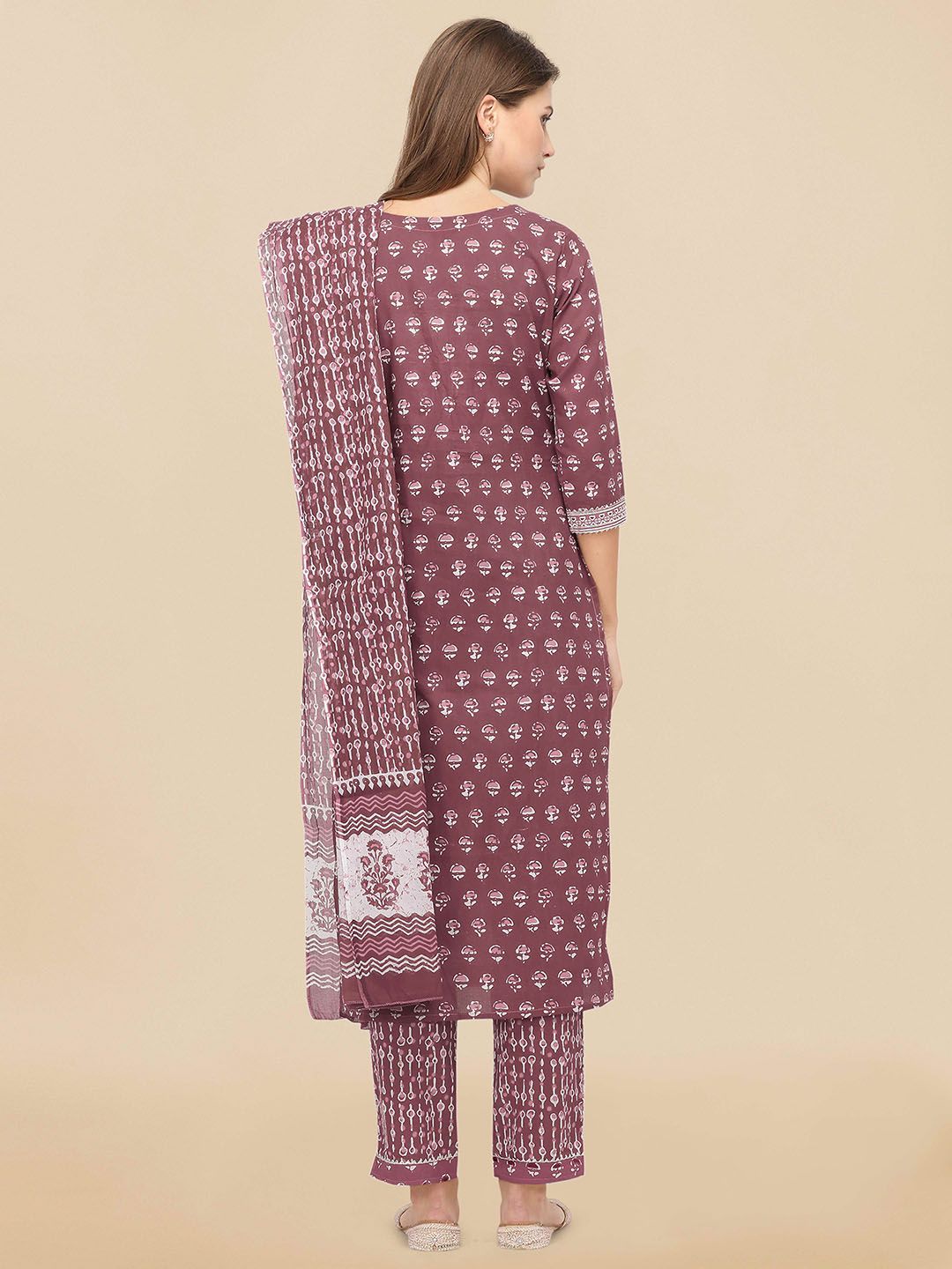 Dhiyona KL Women Pink & Off-White Printed Kurta with Trousers & Dupatta