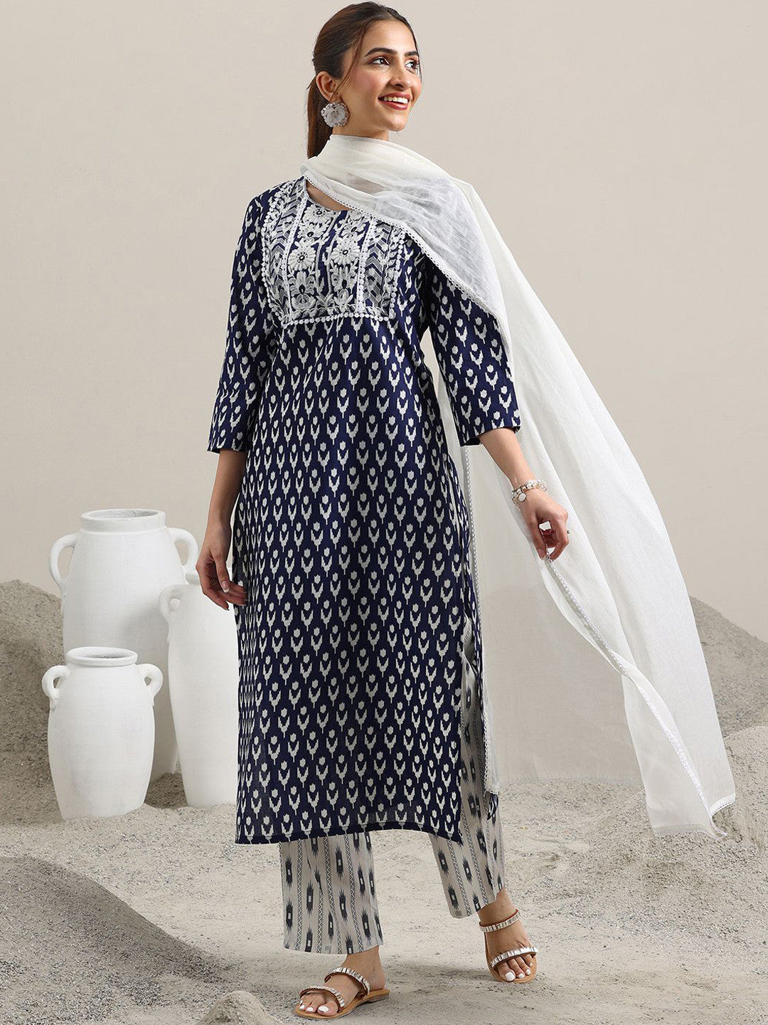 Abstract Printed Pure Cotton Straight Kurta with Trousers & Dupatta