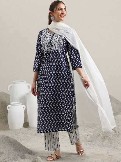 Abstract Printed Pure Cotton Straight Kurta with Trousers & Dupatta