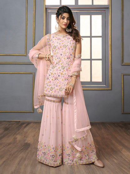 Dhiyona IN V-Neck Floral Embroidered Sequinned Detailed Kurta & Sharara With Dupatta