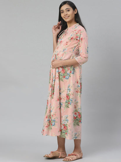 Dhiyona AY Women's Peach-Coloured & Green Floral Printed Pure Cotton Maternity A-Line Dress