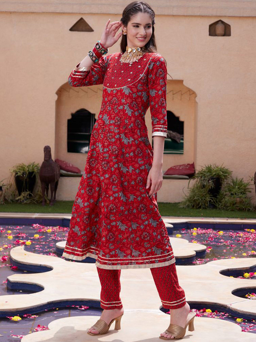 Red Floral Printed Mirror Work Pure Cotton A-Line Kurta Set