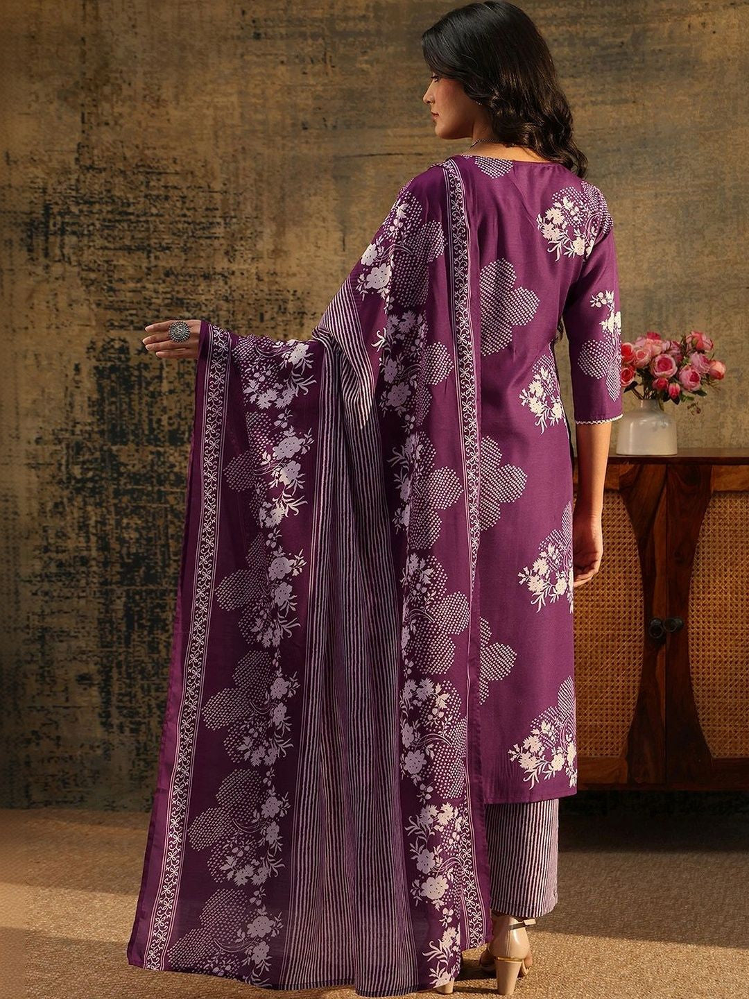 Burgundy Bandhani Cotton Blend Straight Suit Set