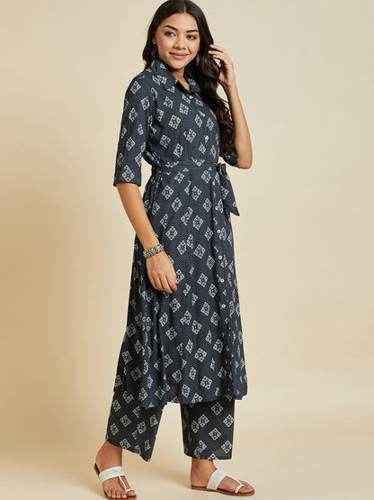 Grey Floral Printed A-Line Kurta With Palazzos