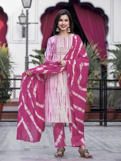 Dhiyona KL Women Pink Leheriya Printed Pure Cotton Kurta with Trouser & With Dupatta