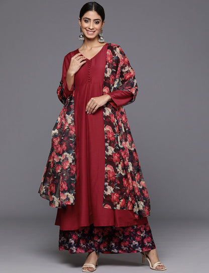 Dhiyona VA Women'sFloral Anarkali Kurta with Palazzos & Dupatta