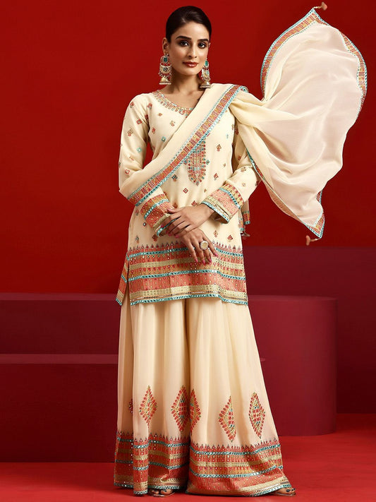 Dhiyona LL Ethnic Motifs Embroidered Round Neck Mirror Work Kurti with Palazzos & Dupatta
