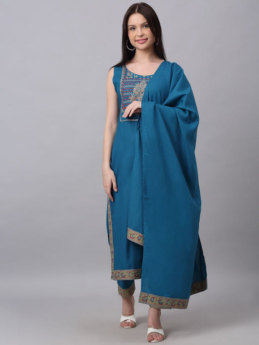 Dhiyona KL Women Teal Kurta with Trousers & With Dupatta