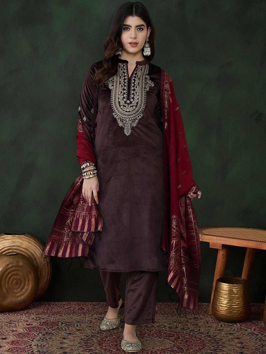 Coffee Brown Floral Embroidered Velvet Kurta With Trouser With Dupatta